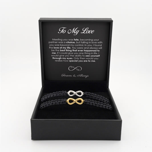 "Forever Tied" His & Hers Personalized Infinity Bracelet Set