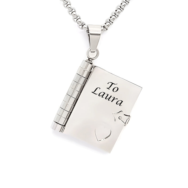 "Our Love Story" Engraved Notebook Necklace