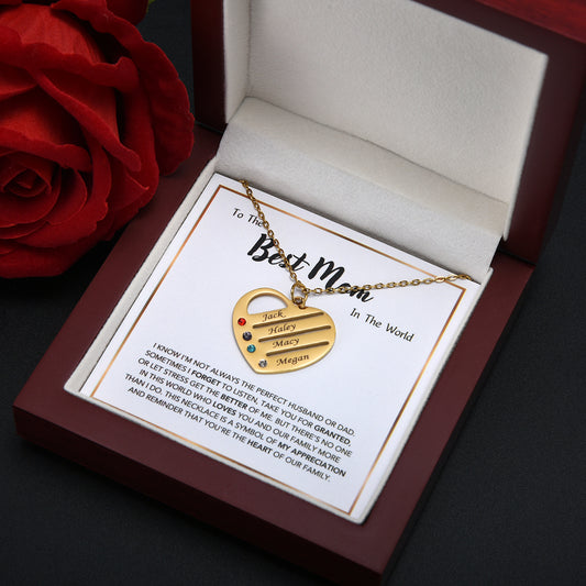 "Heart of the Family" – Custom Birthstone & Name Necklace in LED Mahogany Box