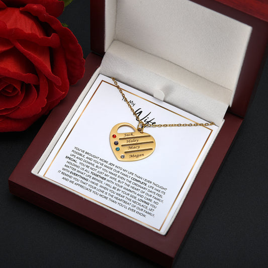 "Heart of the Family" – Custom Birthstone & Name Necklace in LED Mahogany Box