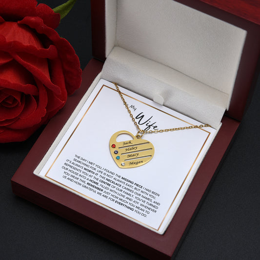 "Heart of the Family" – Custom Birthstone & Name Necklace in LED Mahogany Box