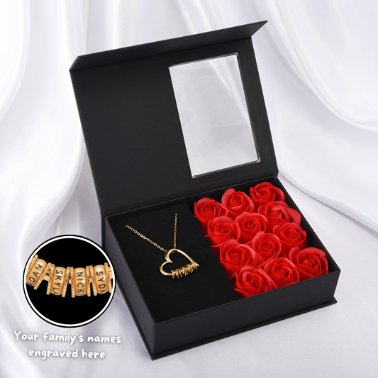 Heart of Our Family - Personalisierte Halskette mit einem Dutzend Rosen Box