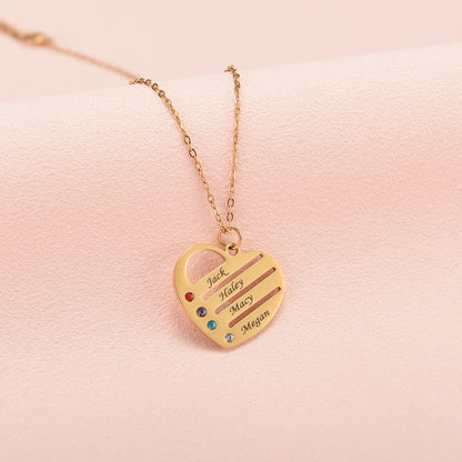 "Corazón de la familia" - Collar personalizado con piedra de nacimiento y nombre en caja de caoba con LED