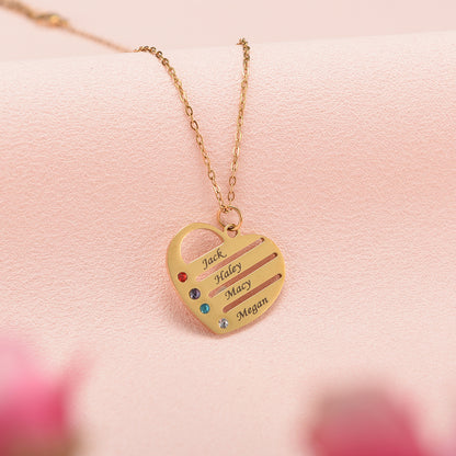 "Corazón de la familia" - Collar personalizado con piedra de nacimiento y nombre en caja de caoba con LED