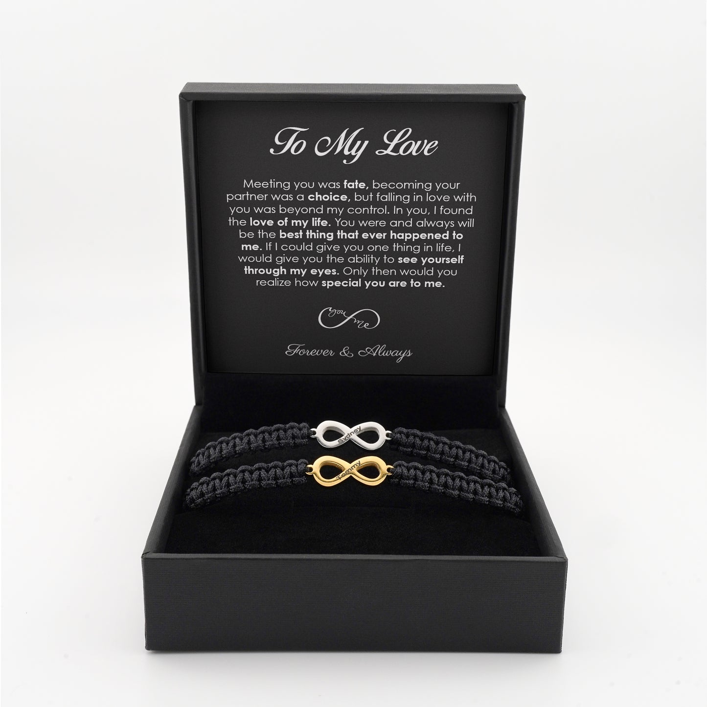 Juego de pulseras infinitas personalizadas "Forever Tied" para él y para ella