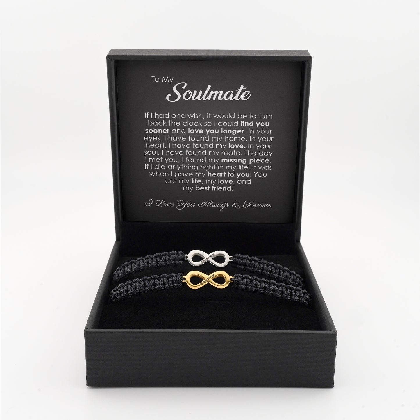 Juego de pulseras infinitas personalizadas "Forever Tied" para él y para ella