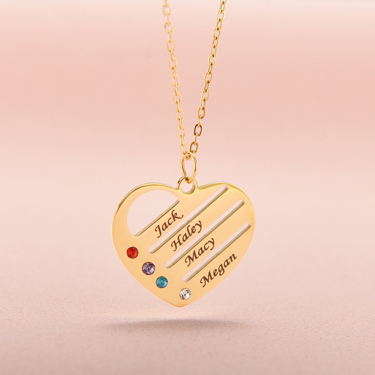 "Corazón de la familia" - Collar personalizado con piedra de nacimiento y nombre en caja de caoba con LED